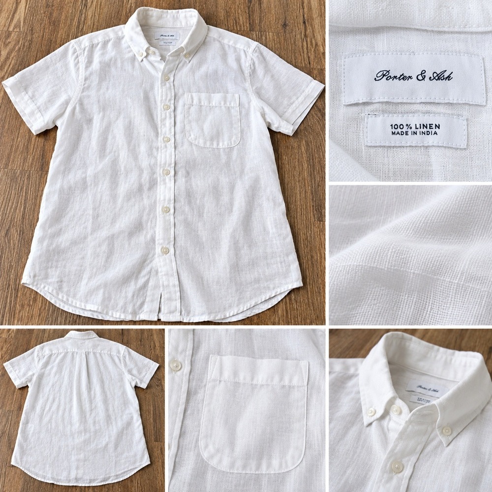Porter & Ash Mens White 100% Linen Short Sleeve Button Down Shirt Size Medium
